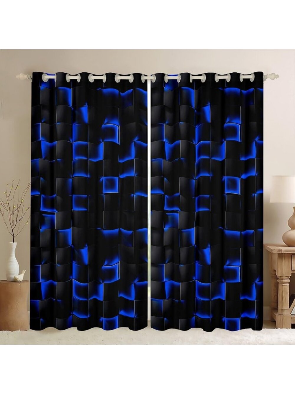 Neon Black Blue Geometric Checkered Blackout Curtains for Kids & Gaming Rooms, 2